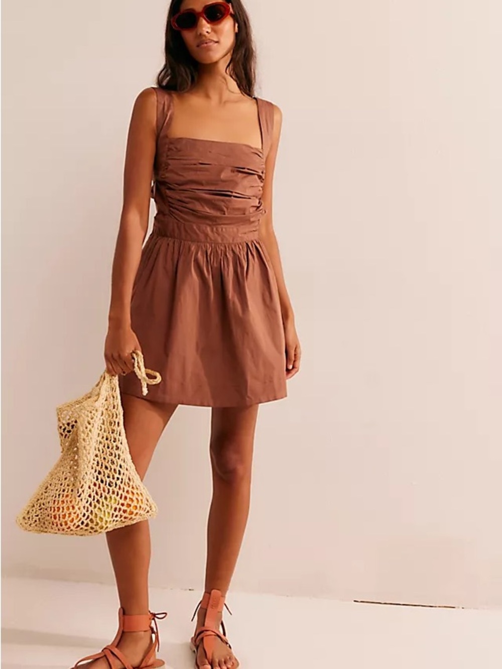 Free People Chocolate Brown Square-Neck Meet Me In Maui Mini Dress